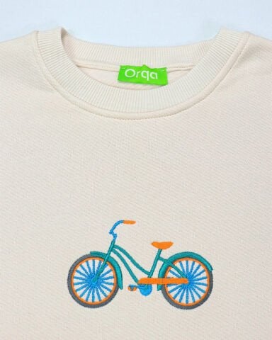 Krem Bisiklet Nakışlı Sweatshirt