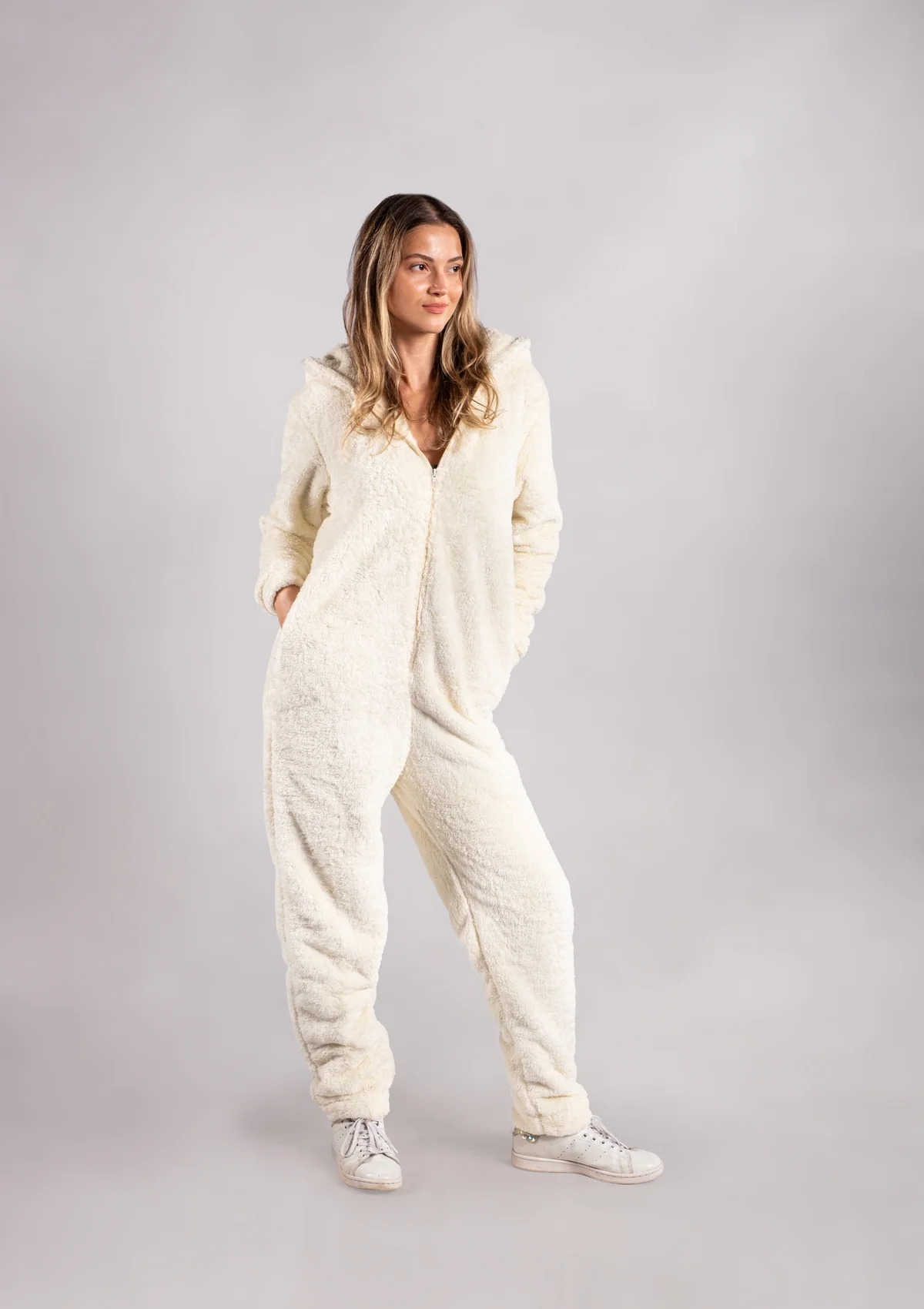 Peluş Tulum Pijama Takımı Krem
