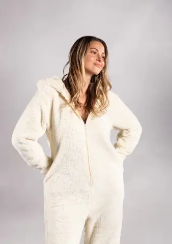 Peluş Tulum Pijama Takımı Krem