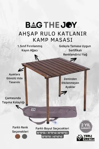 BAG THE JOY AHŞAP KATLANIR RULO KAMP MASASI / ANTRASİT (60*60*55)