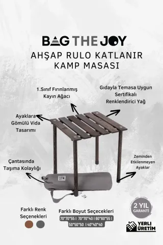 BAG THE JOY AHŞAP KATLANIR RULO KAMP MASASI / ANTRASİT (40*40*40)