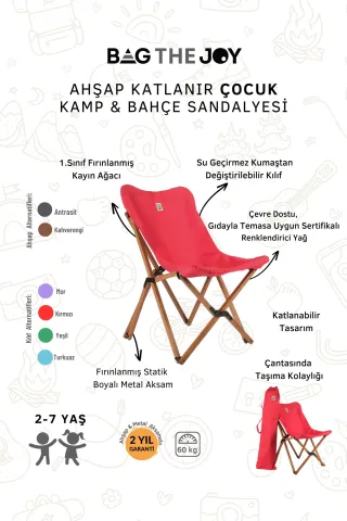 BAG THE JOY KIDS KATLANIR AHŞAP KAMP & BAHÇE SANDALYESİ KAHVERENGİ İSKELET – KIRMIZI KILIF