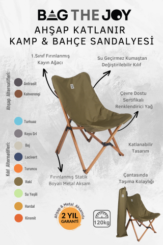 BAG THE JOY KATLANIR AHŞAP KAMP ve BAHÇE SANDALYESİ – KAHVERENGİ İSKELET – HAKİ KILIF