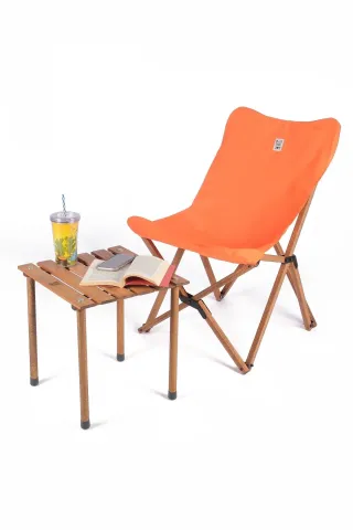 BAG THE JOY KATLANIR AHŞAP KAMP ve BAHÇE SANDALYESİ – KAHVERENGİ İSKELET – TURUNCU KILIF