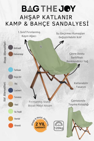 BAG THE JOY KATLANIR AHŞAP KAMP ve BAHÇE SANDALYESİ – KAHVERENGİ İSKELET –  SU YEŞİLİ KILIF
