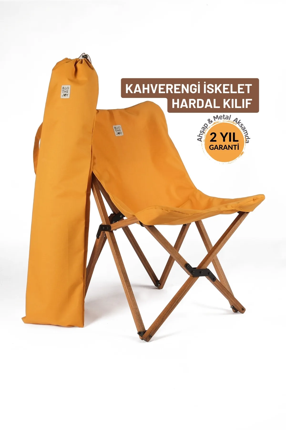 BAG THE JOY KATLANIR AHŞAP KAMP ve BAHÇE SANDALYESİ – KAHVERENGİ İSKELET –  HARDAL KILIF