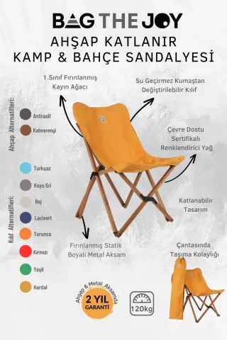 BAG THE JOY KATLANIR AHŞAP KAMP ve BAHÇE SANDALYESİ – KAHVERENGİ İSKELET –  HARDAL KILIF