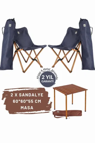 BAG THE JOY AHŞAP KATLANIR MASA SANDALYE SETİ – KAHVERENGİ – LACİVERT -60*60*55