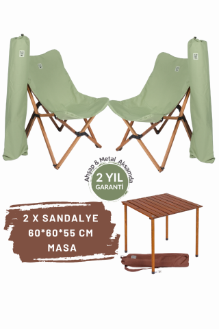 BAG THE JOY AHŞAP KATLANIR MASA SANDALYE SETİ – KAHVERENGİ – SU YEŞİLİ – 60*60*55cm