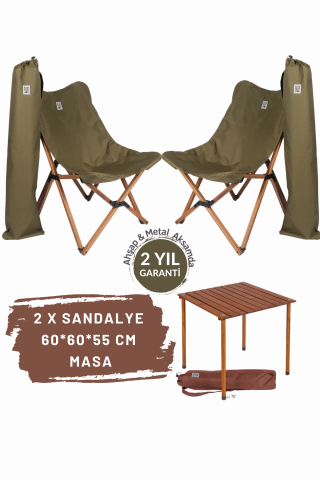 BAG THE JOY AHŞAP KATLANIR MASA SANDALYE SETİ – KAHVERENGİ – HAKİ – 60*60*55cm