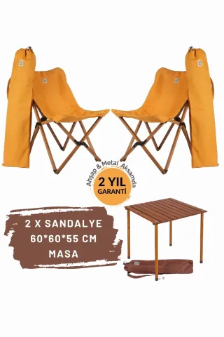BAG THE JOY AHŞAP KATLANIR MASA SANDALYE SETİ – KAHVERENGİ – HARDAL -60*60*55