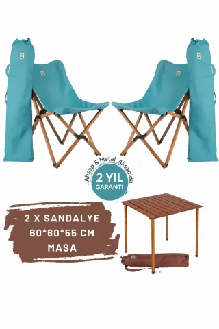 BAG THE JOY AHŞAP KATLANIR MASA SANDALYE SETİ – KAHVERENGİ – TURKUAZ -60*60*55