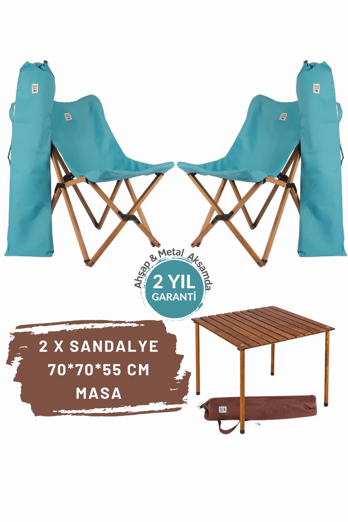 BAG THE JOY AHŞAP KATLANIR MASA SANDALYE SETİ – KAHVERENGİ- TURKUAZ – 70*70*55