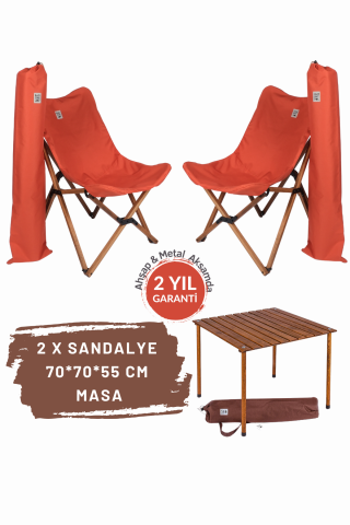 BAG THE JOY AHŞAP KATLANIR MASA SANDALYE SETİ – KAHVERENGİ – KİREMİT – 70*70*55cm
