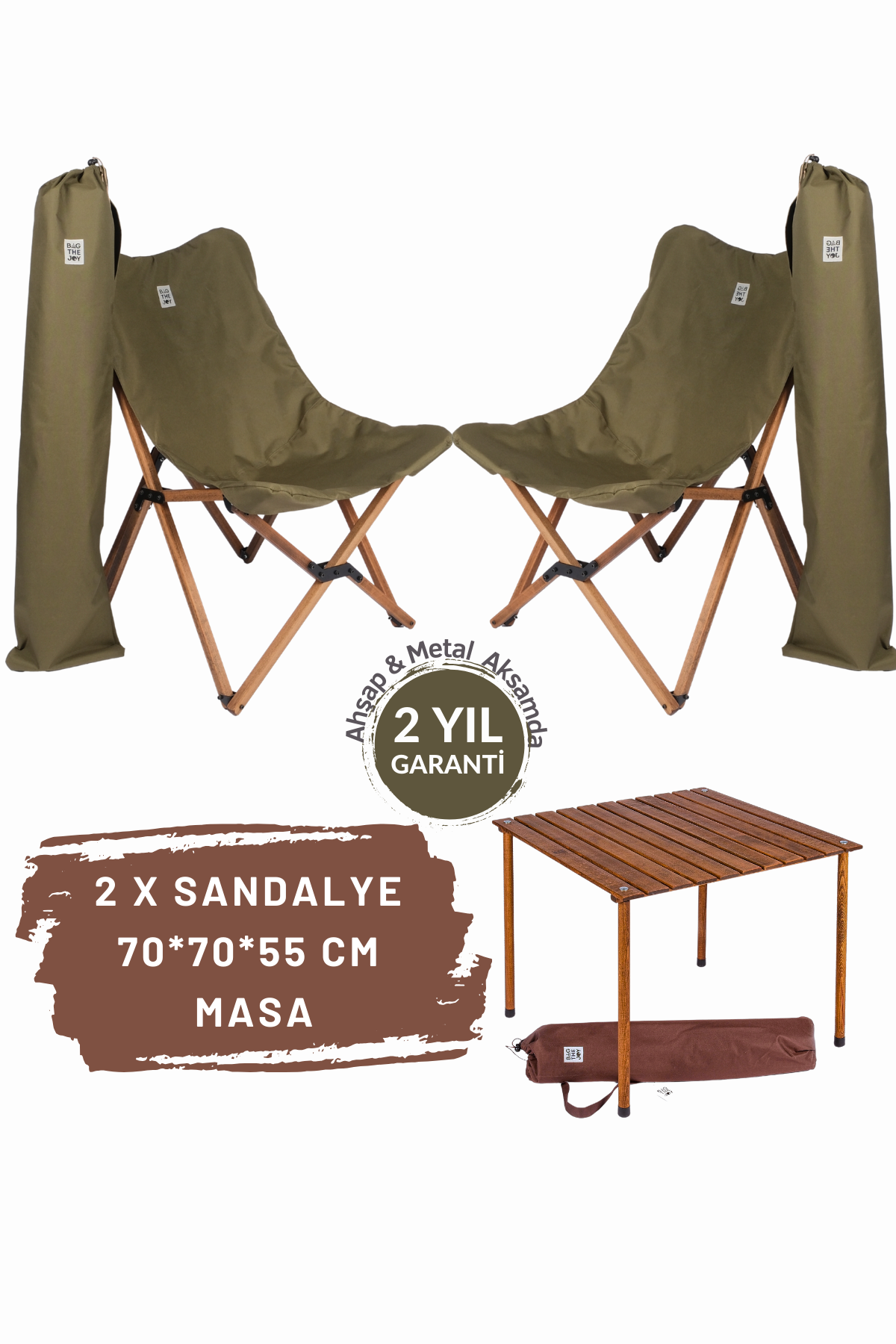 BAG THE JOY AHŞAP KATLANIR MASA SANDALYE SETİ – KAHVERENGİ – HAKİ – 70*70*55cm