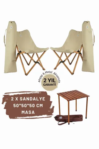 BAG THE JOY AHŞAP KATLANIR MASA SANDALYE SETİ – KAHVERENGİ- BEJ -50*50*50