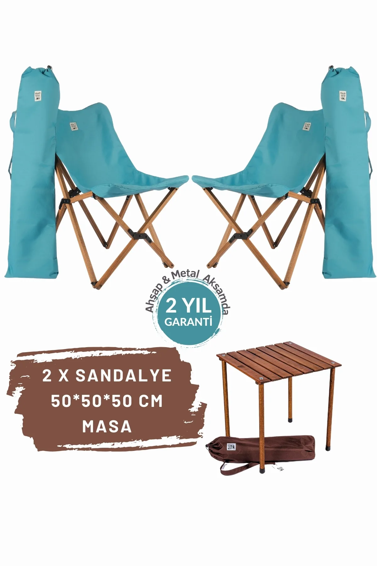 BAG THE JOY AHŞAP KATLANIR MASA SANDALYE SETİ – KAHVERENGİ – TURKUAZ -50*50*50