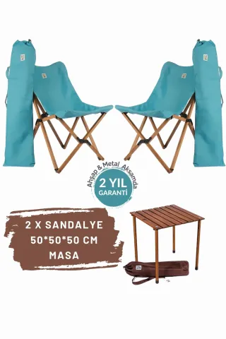 BAG THE JOY AHŞAP KATLANIR MASA SANDALYE SETİ – KAHVERENGİ – TURKUAZ -50*50*50