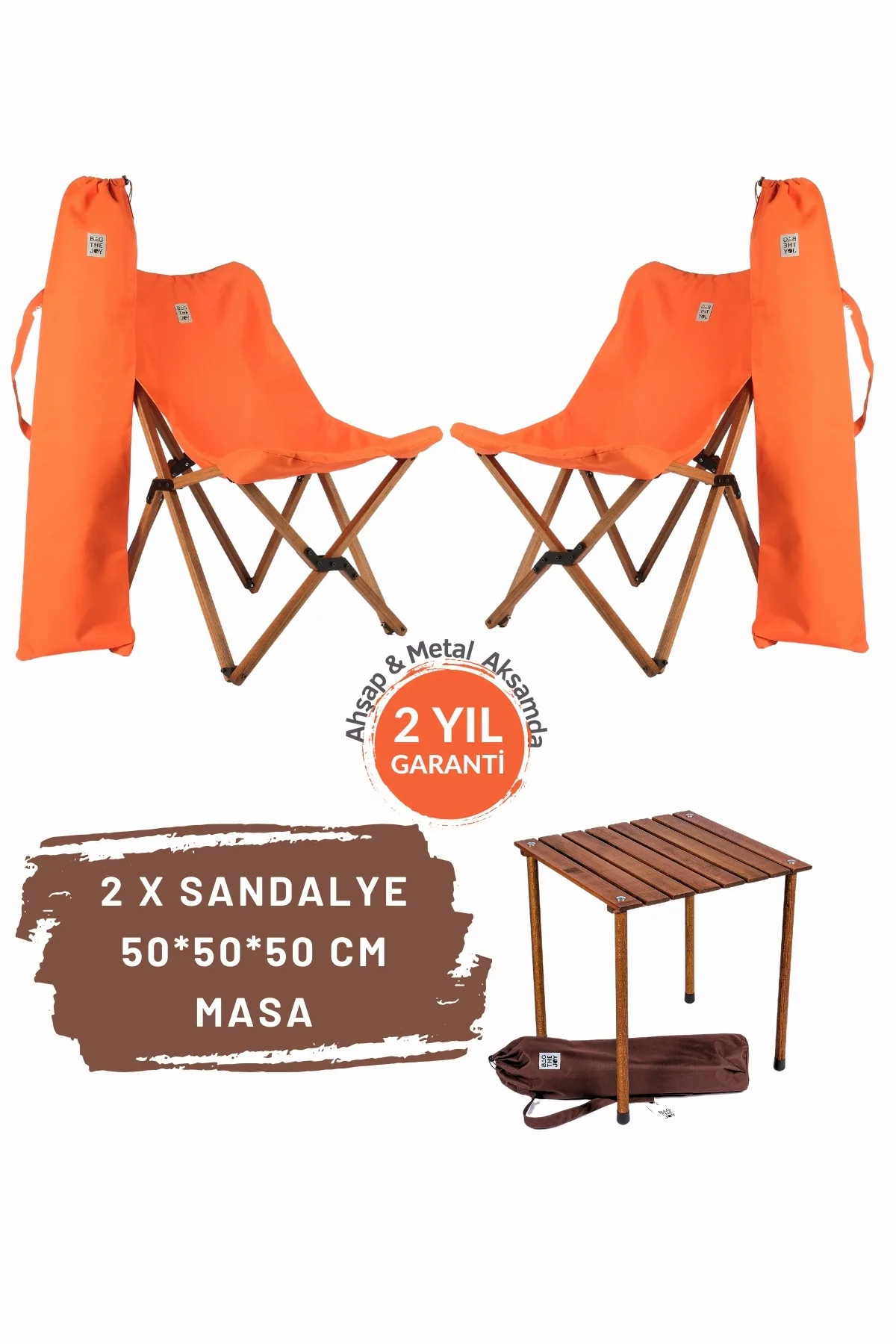 BAG THE JOY AHŞAP KATLANIR MASA SANDALYE SETİ – KAHVERENGİ – TURUNCU -50*50*50